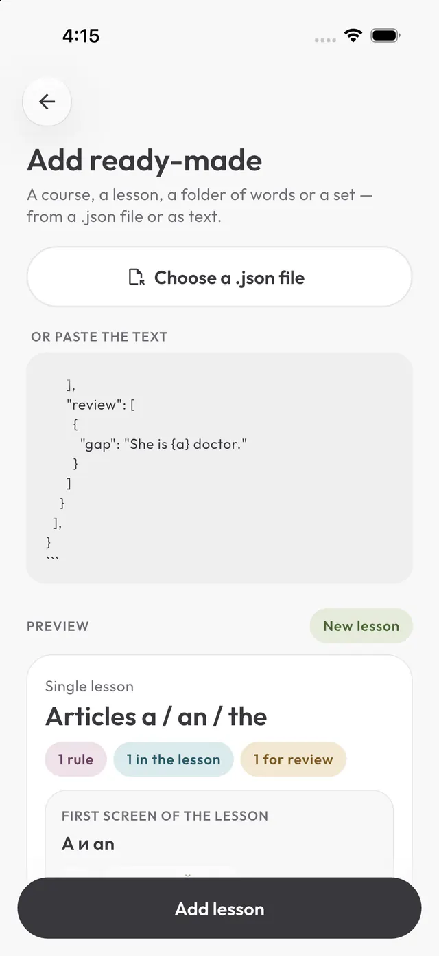 Add ready-made screen with a lesson preview
